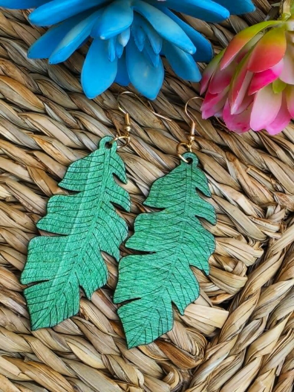 Boho Green Leaf Wood Earrings | Lightweight Statement Dangles | NWT - Picture 2 of 7
